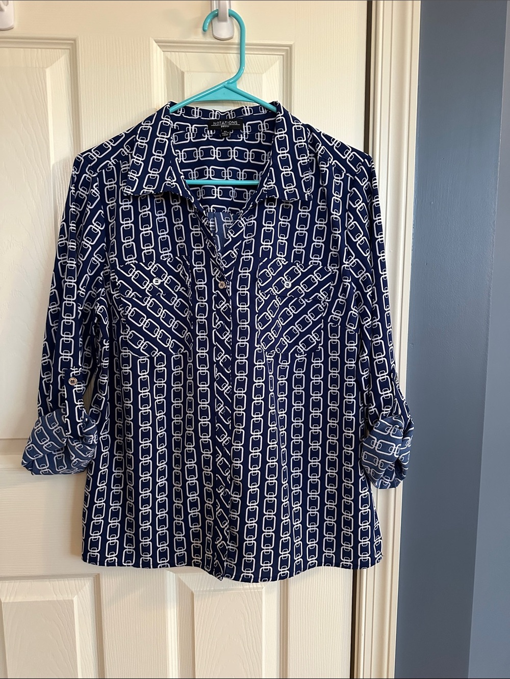 Notations Collection Navy and White Chain-Link Button-Front Blouse